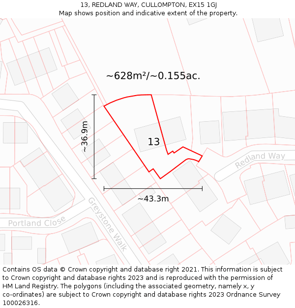13, REDLAND WAY, CULLOMPTON, EX15 1GJ: Plot and title map