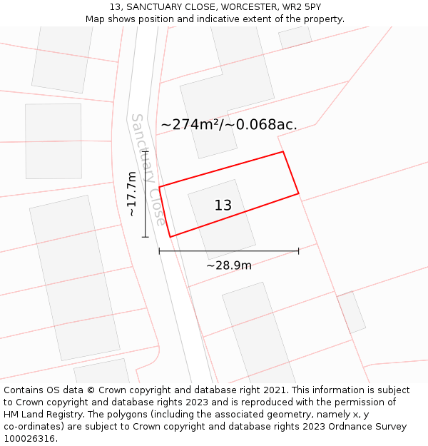 13, SANCTUARY CLOSE, WORCESTER, WR2 5PY: Plot and title map