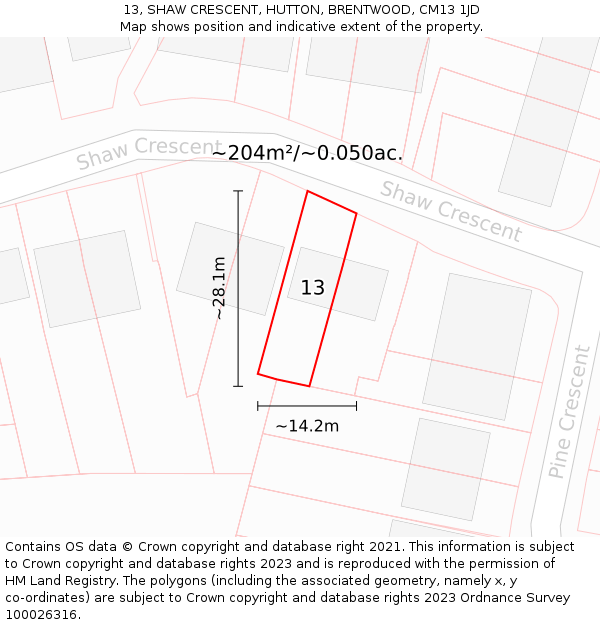 13, SHAW CRESCENT, HUTTON, BRENTWOOD, CM13 1JD: Plot and title map