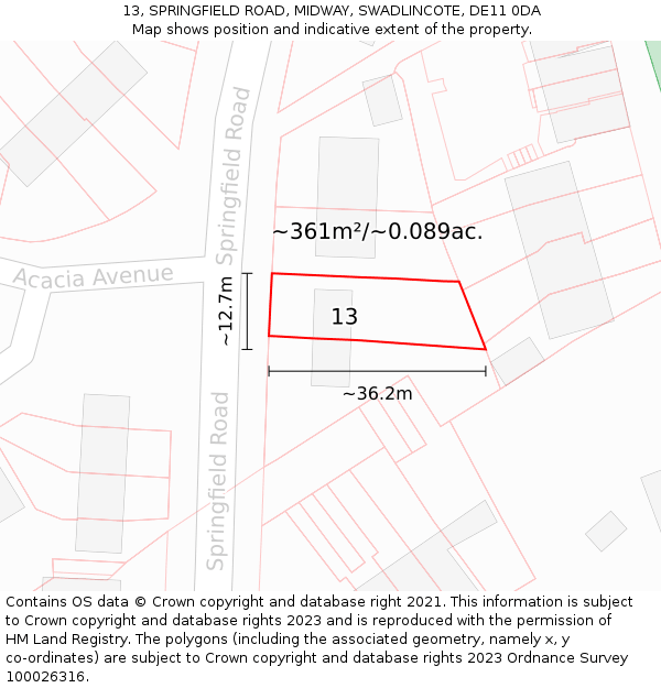 13, SPRINGFIELD ROAD, MIDWAY, SWADLINCOTE, DE11 0DA: Plot and title map