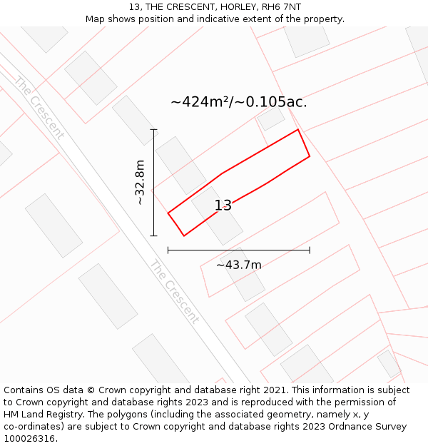 13, THE CRESCENT, HORLEY, RH6 7NT: Plot and title map