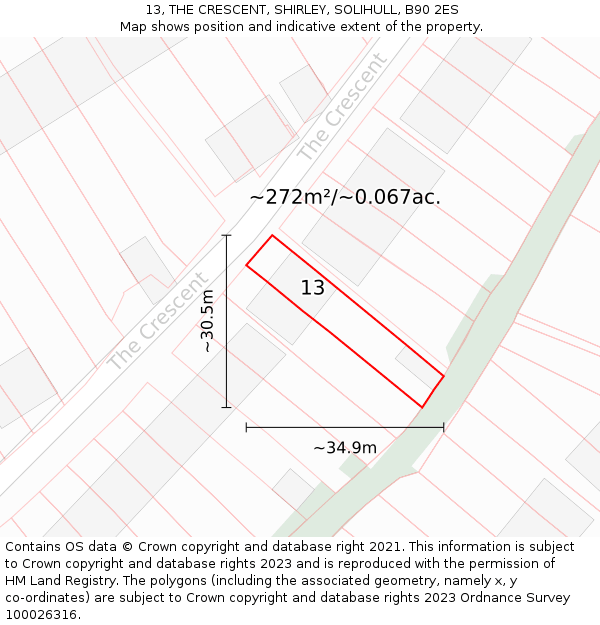 13, THE CRESCENT, SHIRLEY, SOLIHULL, B90 2ES: Plot and title map