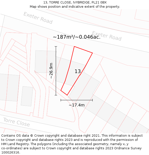 13, TORRE CLOSE, IVYBRIDGE, PL21 0BX: Plot and title map