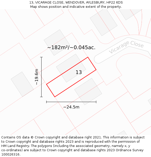 13, VICARAGE CLOSE, WENDOVER, AYLESBURY, HP22 6DS: Plot and title map