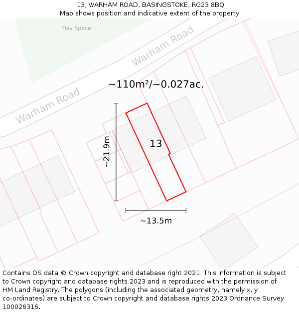13, WARHAM ROAD, BASINGSTOKE, RG23 8BQ: Plot and title map