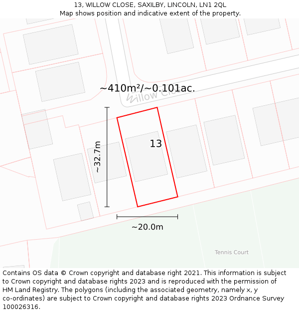 13, WILLOW CLOSE, SAXILBY, LINCOLN, LN1 2QL: Plot and title map