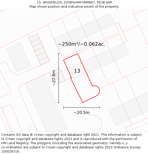 13, WINGFIELDS, DOWNHAM MARKET, PE38 9AR: Plot and title map