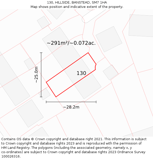 130, HILLSIDE, BANSTEAD, SM7 1HA: Plot and title map