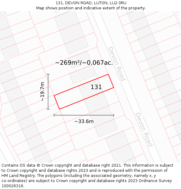 131, DEVON ROAD, LUTON, LU2 0RU: Plot and title map