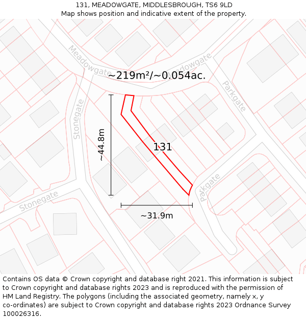 131, MEADOWGATE, MIDDLESBROUGH, TS6 9LD: Plot and title map