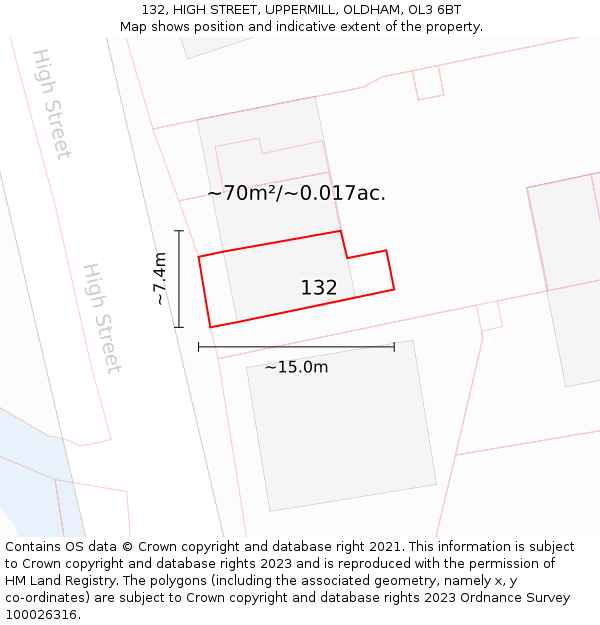 132, HIGH STREET, UPPERMILL, OLDHAM, OL3 6BT: Plot and title map
