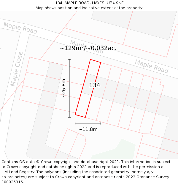 134, MAPLE ROAD, HAYES, UB4 9NE: Plot and title map