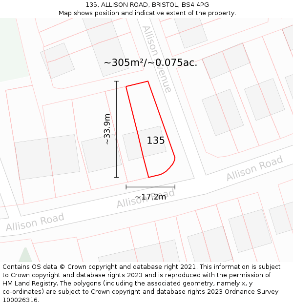 135, ALLISON ROAD, BRISTOL, BS4 4PG: Plot and title map