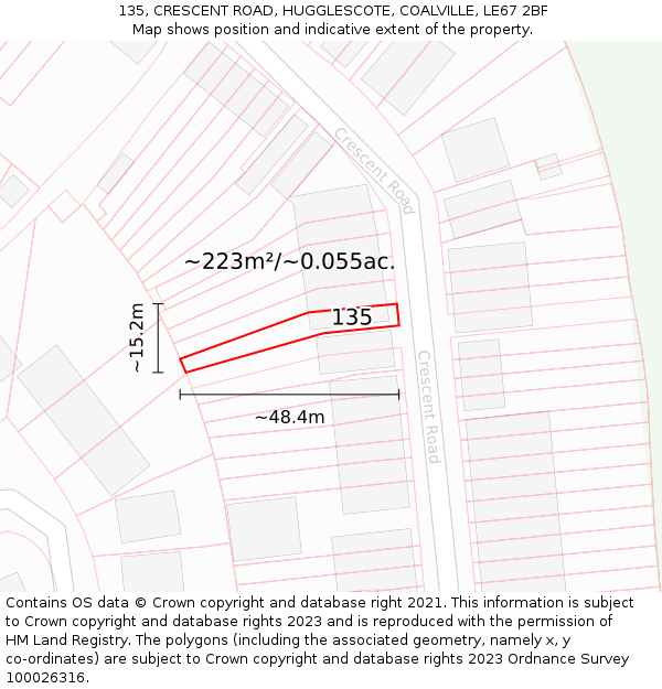 135, CRESCENT ROAD, HUGGLESCOTE, COALVILLE, LE67 2BF: Plot and title map