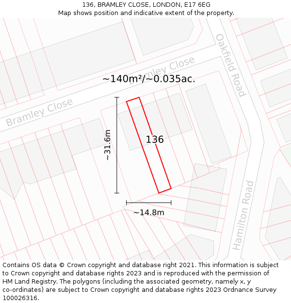 136, BRAMLEY CLOSE, LONDON, E17 6EG: Plot and title map