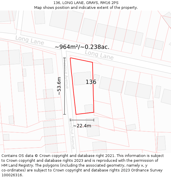 136, LONG LANE, GRAYS, RM16 2PS: Plot and title map