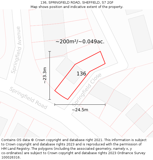 136, SPRINGFIELD ROAD, SHEFFIELD, S7 2GF: Plot and title map