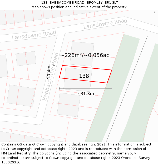 138, BABBACOMBE ROAD, BROMLEY, BR1 3LT: Plot and title map