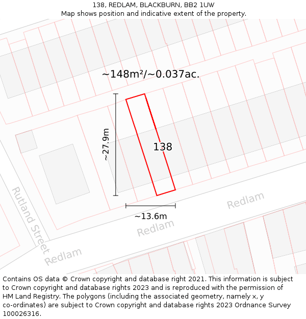 138, REDLAM, BLACKBURN, BB2 1UW: Plot and title map