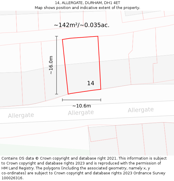 14, ALLERGATE, DURHAM, DH1 4ET: Plot and title map