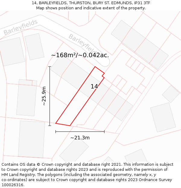 14, BARLEYFIELDS, THURSTON, BURY ST. EDMUNDS, IP31 3TF: Plot and title map