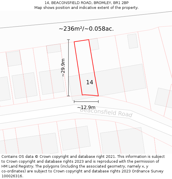 14, BEACONSFIELD ROAD, BROMLEY, BR1 2BP: Plot and title map