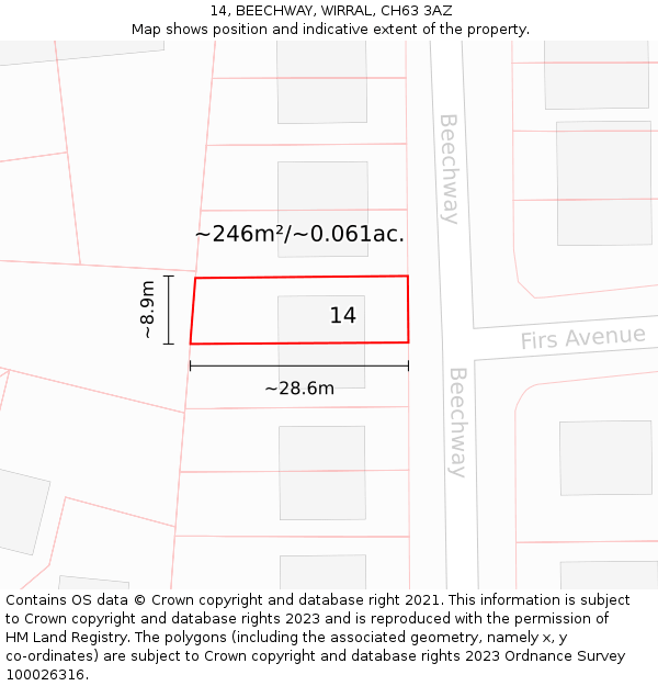 14, BEECHWAY, WIRRAL, CH63 3AZ: Plot and title map