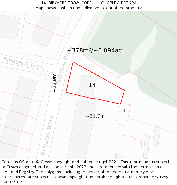 14, BIRKACRE BROW, COPPULL, CHORLEY, PR7 4PA: Plot and title map
