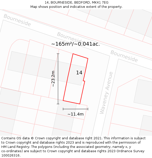 14, BOURNESIDE, BEDFORD, MK41 7EG: Plot and title map