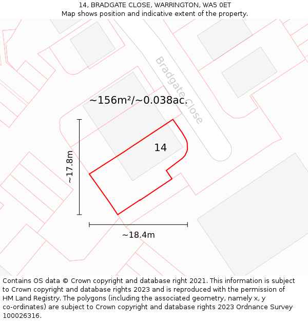 14, BRADGATE CLOSE, WARRINGTON, WA5 0ET: Plot and title map