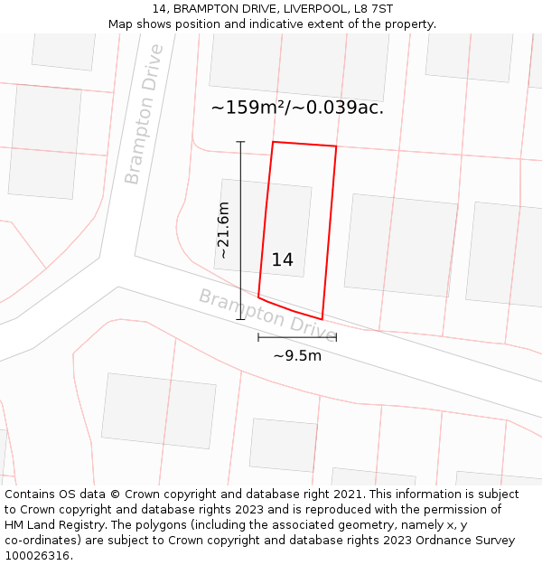 14, BRAMPTON DRIVE, LIVERPOOL, L8 7ST: Plot and title map