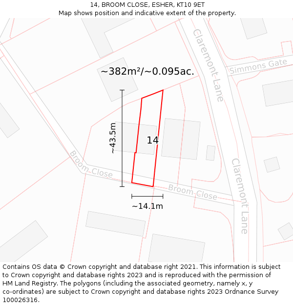 14, BROOM CLOSE, ESHER, KT10 9ET: Plot and title map
