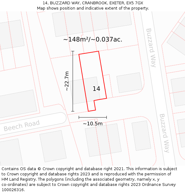 14, BUZZARD WAY, CRANBROOK, EXETER, EX5 7GX: Plot and title map