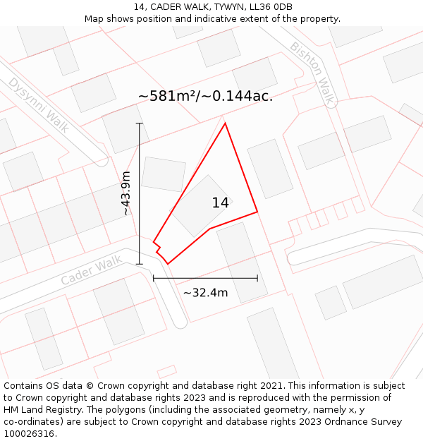 14, CADER WALK, TYWYN, LL36 0DB: Plot and title map