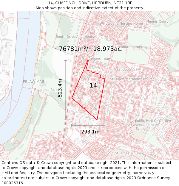 14, CHAFFINCH DRIVE, HEBBURN, NE31 1BF: Plot and title map
