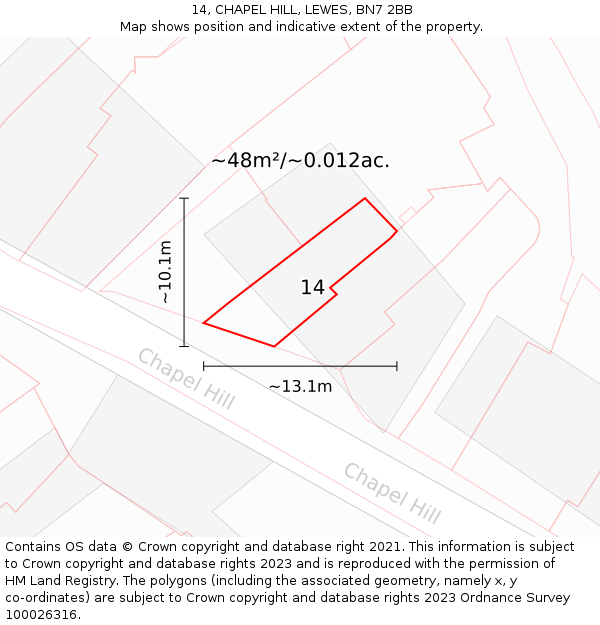 14, CHAPEL HILL, LEWES, BN7 2BB: Plot and title map