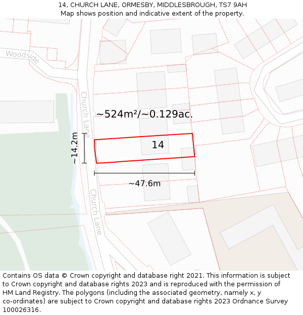 14, CHURCH LANE, ORMESBY, MIDDLESBROUGH, TS7 9AH: Plot and title map
