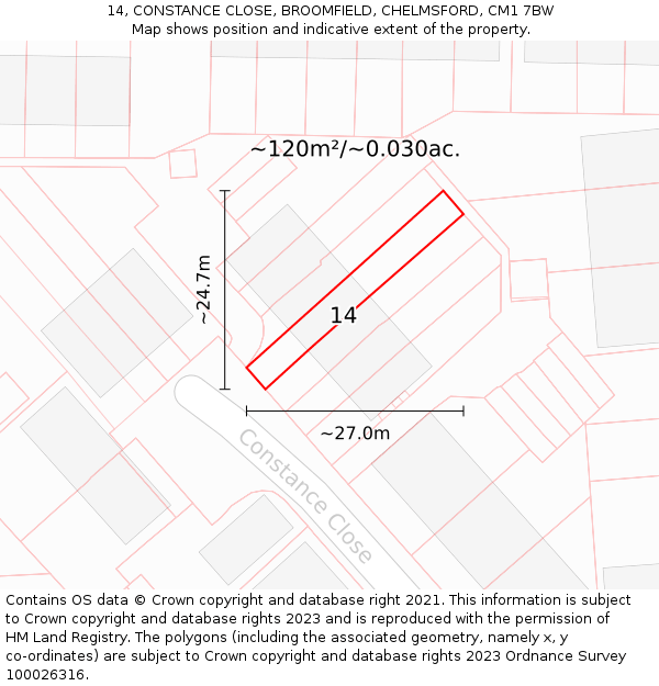 14, CONSTANCE CLOSE, BROOMFIELD, CHELMSFORD, CM1 7BW: Plot and title map