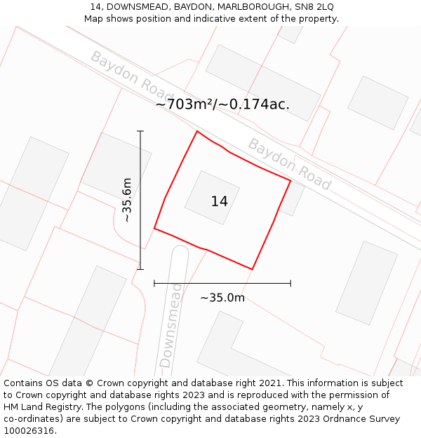 14, DOWNSMEAD, BAYDON, MARLBOROUGH, SN8 2LQ: Plot and title map