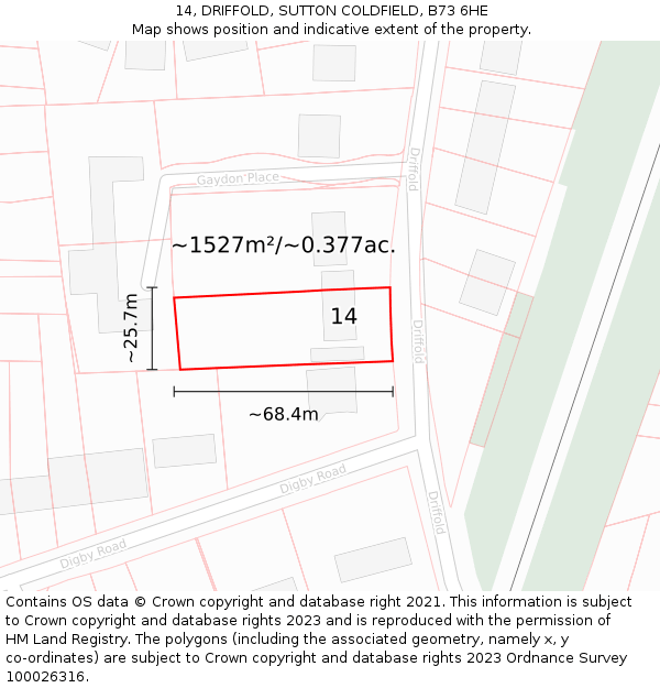 14, DRIFFOLD, SUTTON COLDFIELD, B73 6HE: Plot and title map