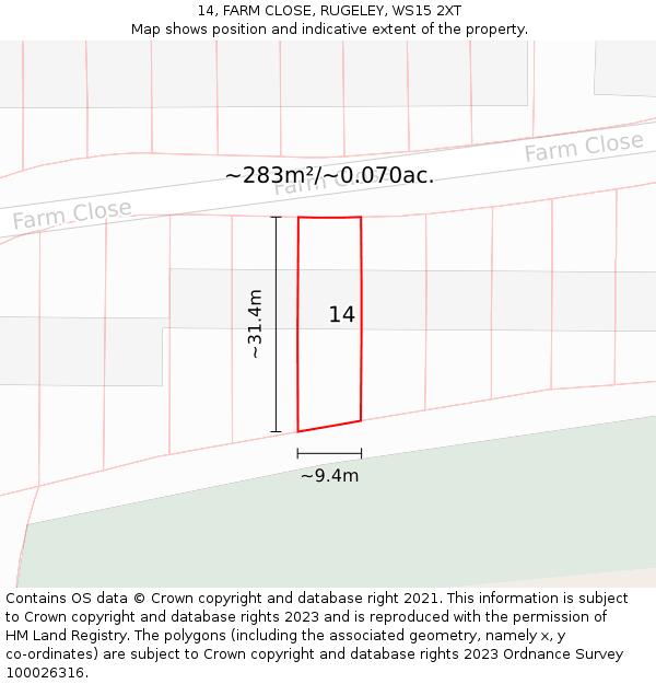 14, FARM CLOSE, RUGELEY, WS15 2XT: Plot and title map