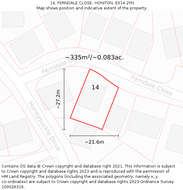 14, FERNDALE CLOSE, HONITON, EX14 2YN: Plot and title map