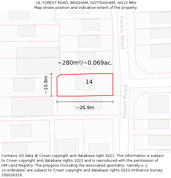 14, FOREST ROAD, BINGHAM, NOTTINGHAM, NG13 8RN: Plot and title map