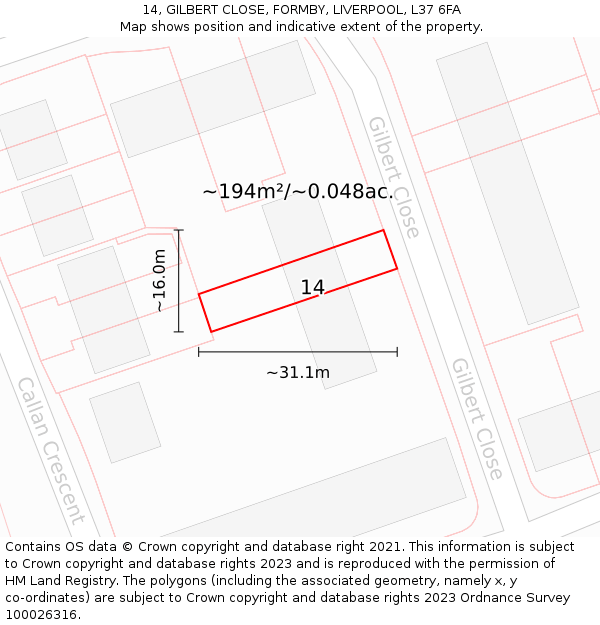 14, GILBERT CLOSE, FORMBY, LIVERPOOL, L37 6FA: Plot and title map