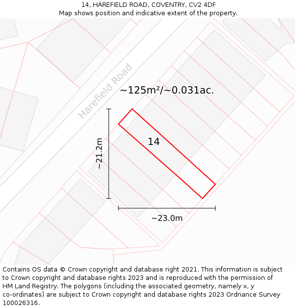 14, HAREFIELD ROAD, COVENTRY, CV2 4DF: Plot and title map