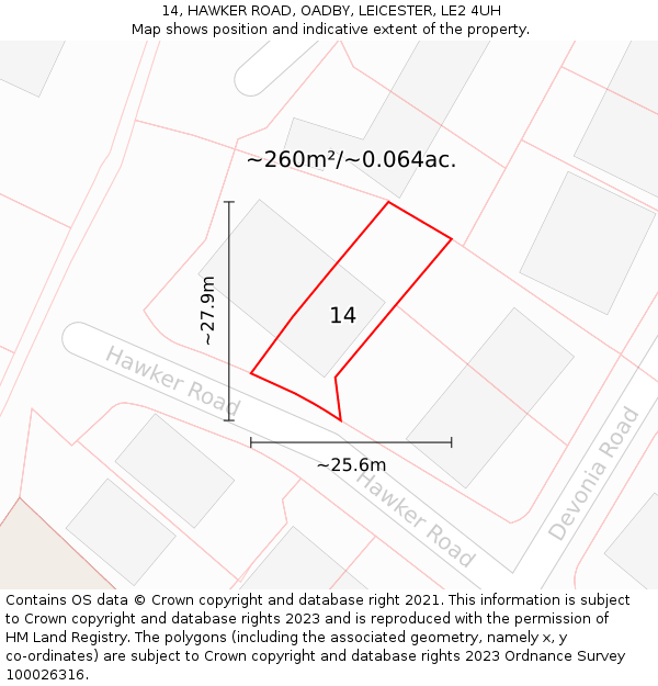 14, HAWKER ROAD, OADBY, LEICESTER, LE2 4UH: Plot and title map