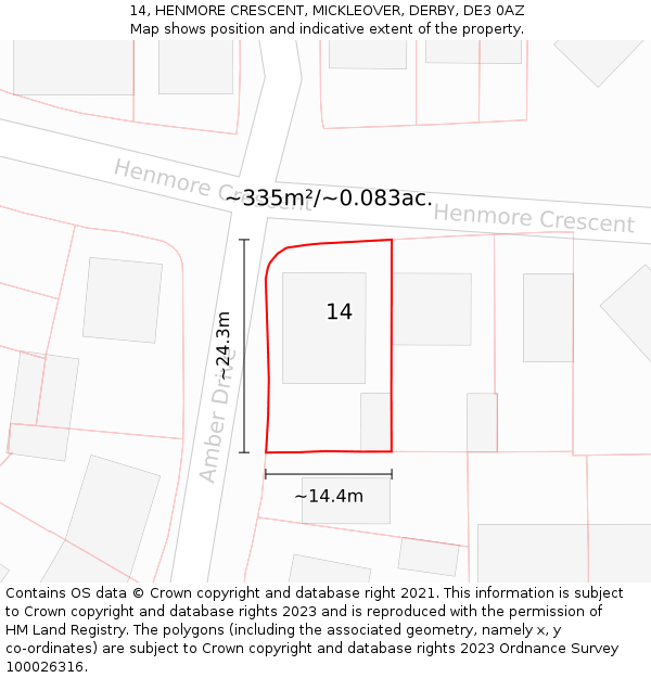 14, HENMORE CRESCENT, MICKLEOVER, DERBY, DE3 0AZ: Plot and title map