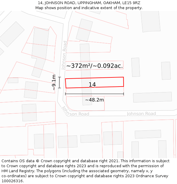 14, JOHNSON ROAD, UPPINGHAM, OAKHAM, LE15 9RZ: Plot and title map