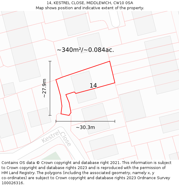 14, KESTREL CLOSE, MIDDLEWICH, CW10 0SA: Plot and title map