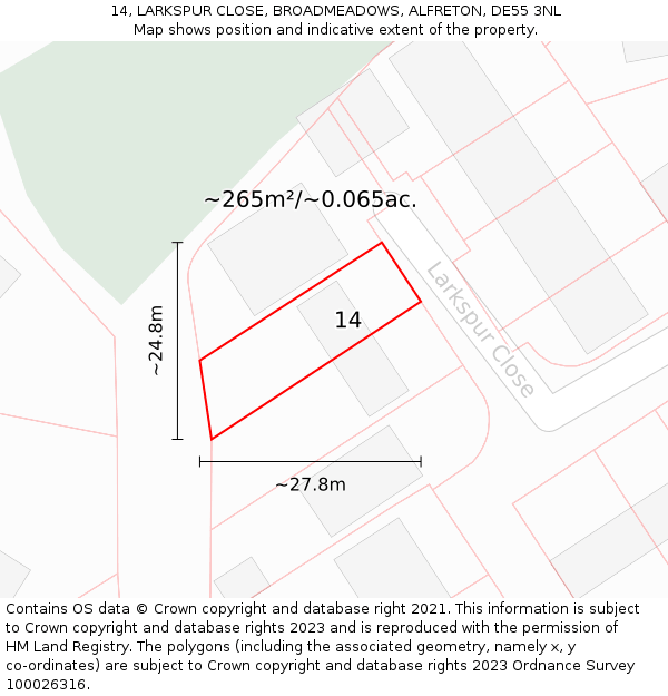 14, LARKSPUR CLOSE, BROADMEADOWS, ALFRETON, DE55 3NL: Plot and title map